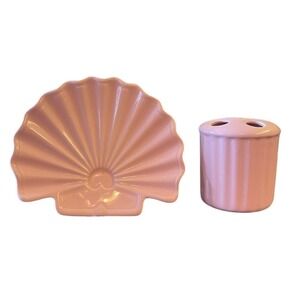 Vtg Toothbrush Holder Shell Soap Dish Trinket Cottage Beach Pink MCM Victorian